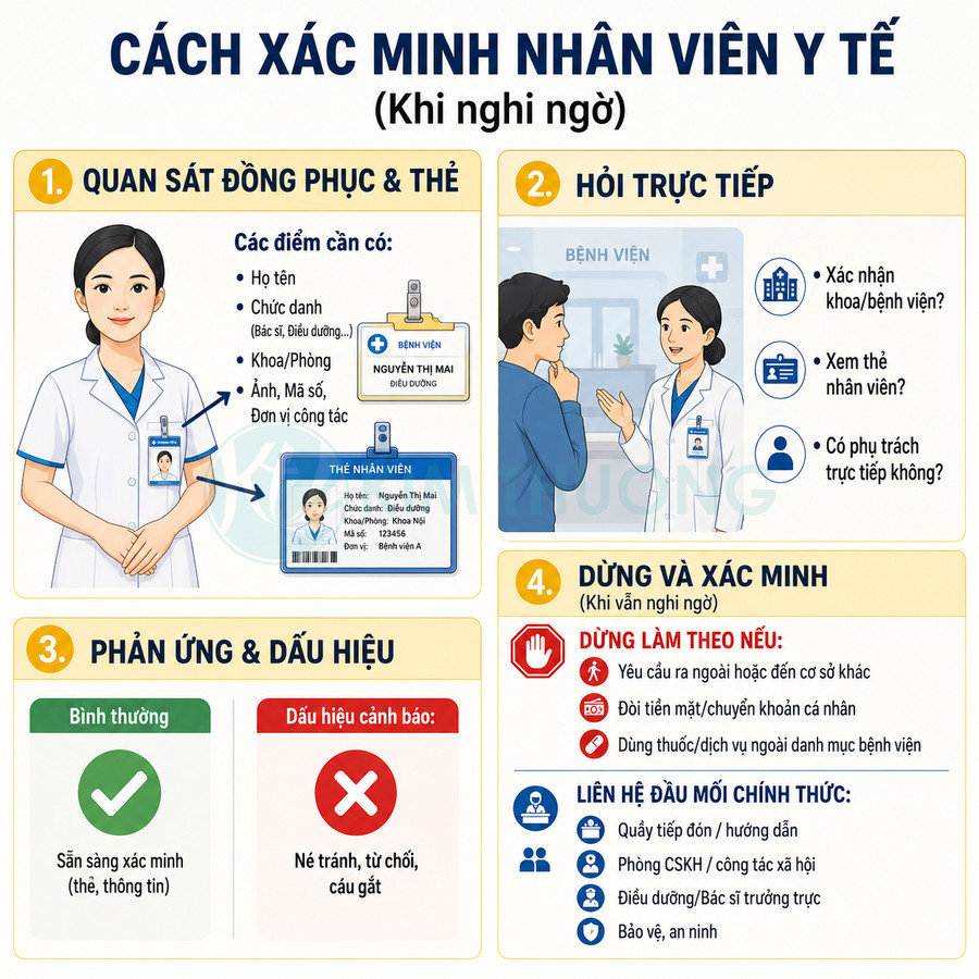 Hướng dẫn minh họa cách xác minh nhân viên y tế qua đồng phục, thẻ tên và các bước hỏi trực tiếp