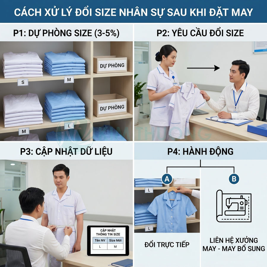 Quy trình xử lý đổi size đồng phục y tá với tủ áo dự phòng và nhân viên thử size, cập nhật dữ liệu trên máy tính