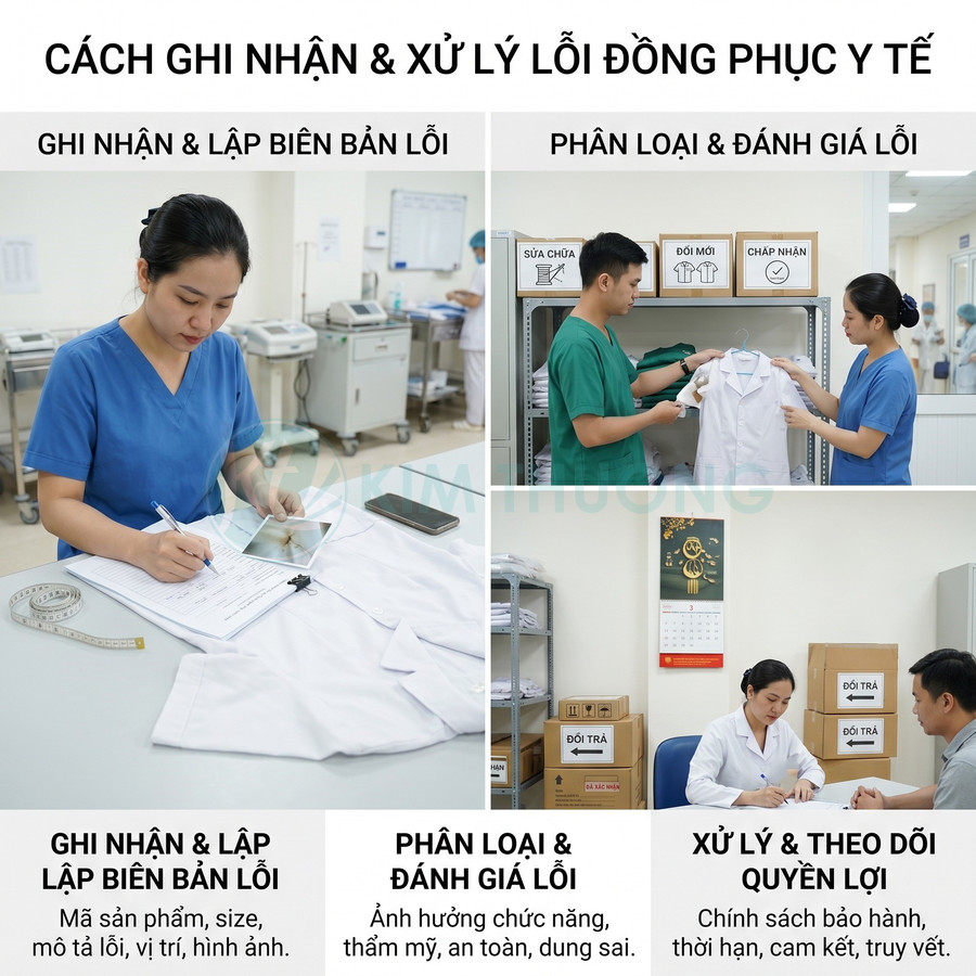 Quy trình ghi nhận phân loại xử lý lỗi đồng phục y tế với nhân viên mặc scrub và áo blouse trắng