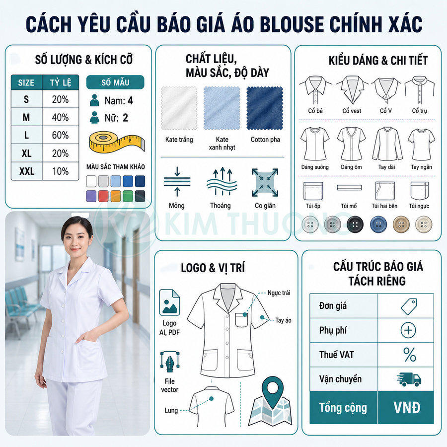 Hướng dẫn yêu cầu báo giá áo blouse y tế, minh họa size, chất liệu, kiểu dáng và vị trí in logo trên đồng phục