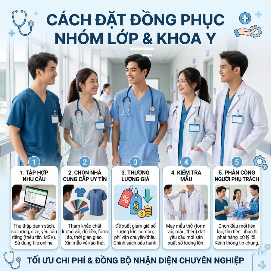 Nhóm sinh viên y khoa mặc đồng phục áo blouse và scrub nhiều màu trong hành lang bệnh viện
