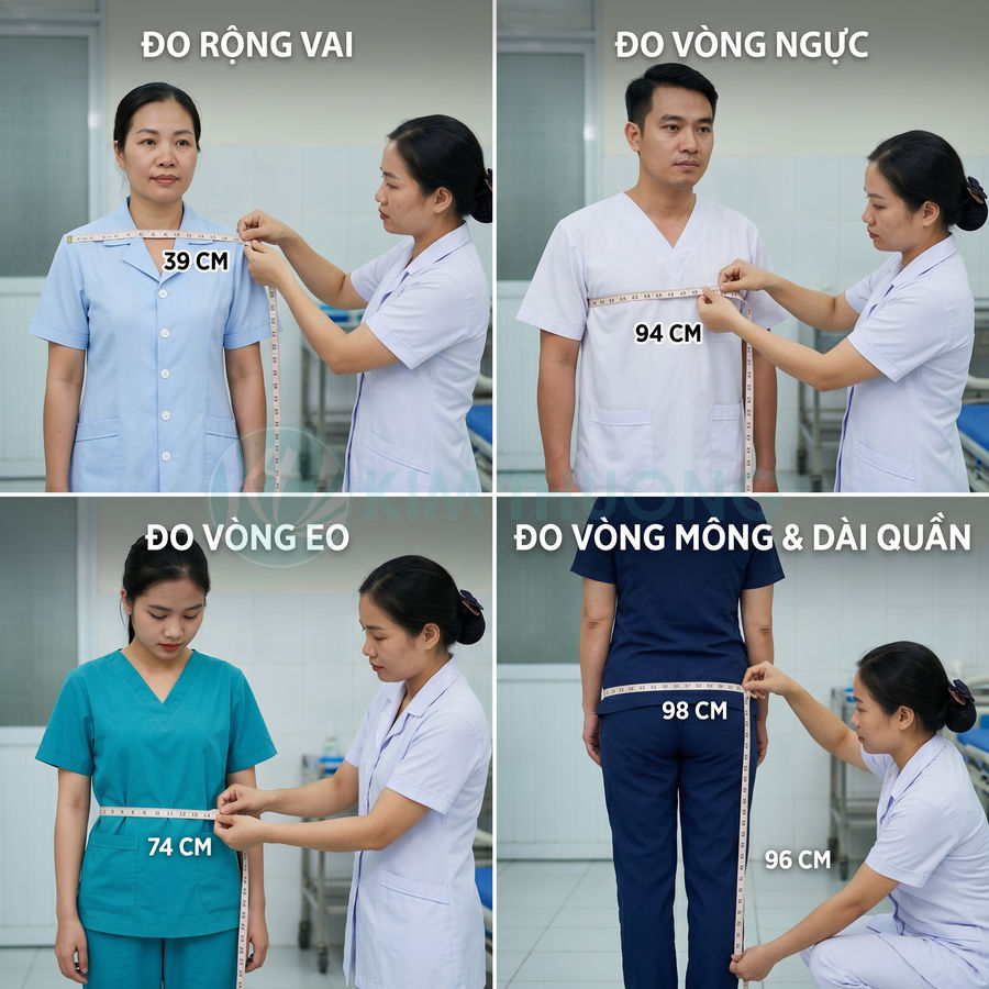Hướng dẫn đo size đồng phục y tá bác sĩ với thước dây gồm vai ngực eo mông và dài quần