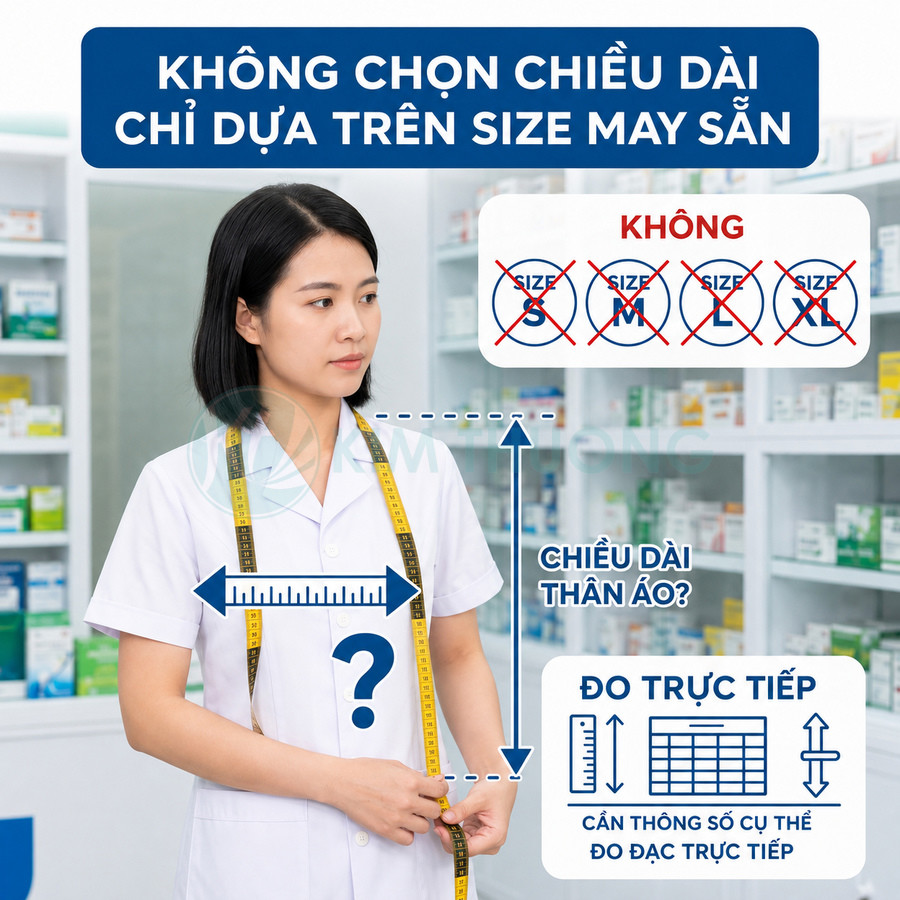 Dược sĩ mặc áo blouse trắng dùng thước dây đo chiều dài áo trong nhà thuốc