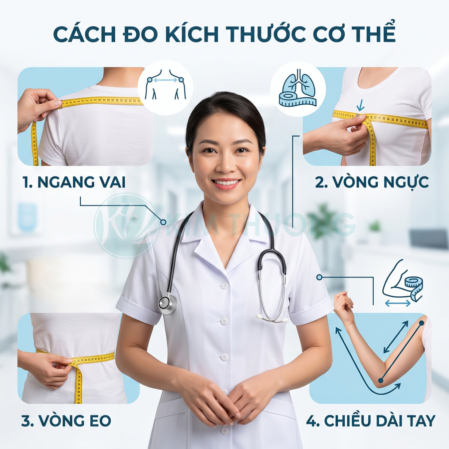 Bác sĩ nữ hướng dẫn cách đo kích thước cơ thể với thước dây cho vai, vòng ngực, vòng eo và chiều dài tay