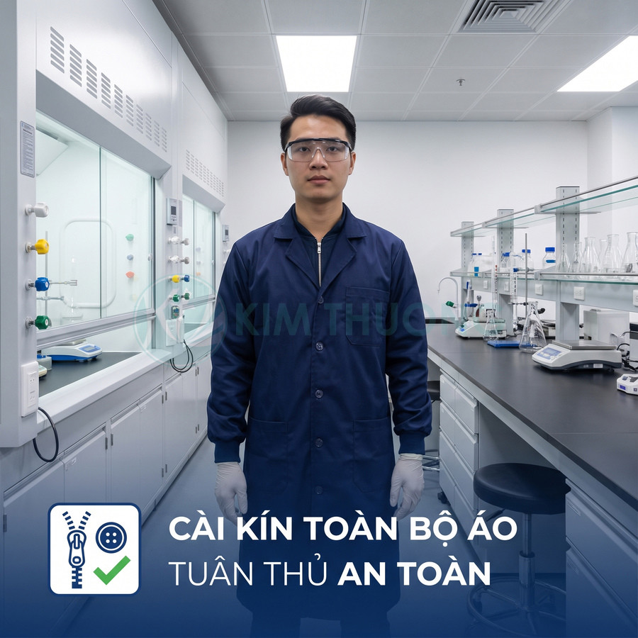 Nhân viên phòng thí nghiệm mặc áo blouse xanh, đeo kính bảo hộ và găng tay, cài kín áo để đảm bảo an toàn lao động
