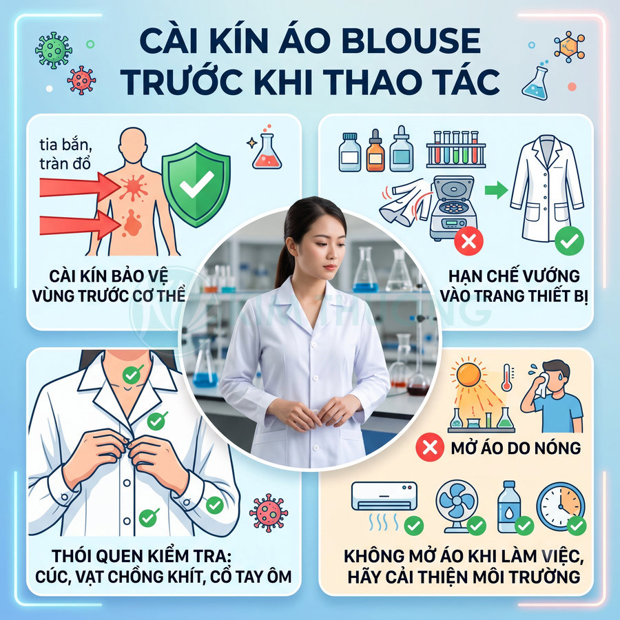 Nữ kỹ thuật viên trong phòng thí nghiệm cài kín áo blouse trắng, minh họa hướng dẫn an toàn khi thao tác