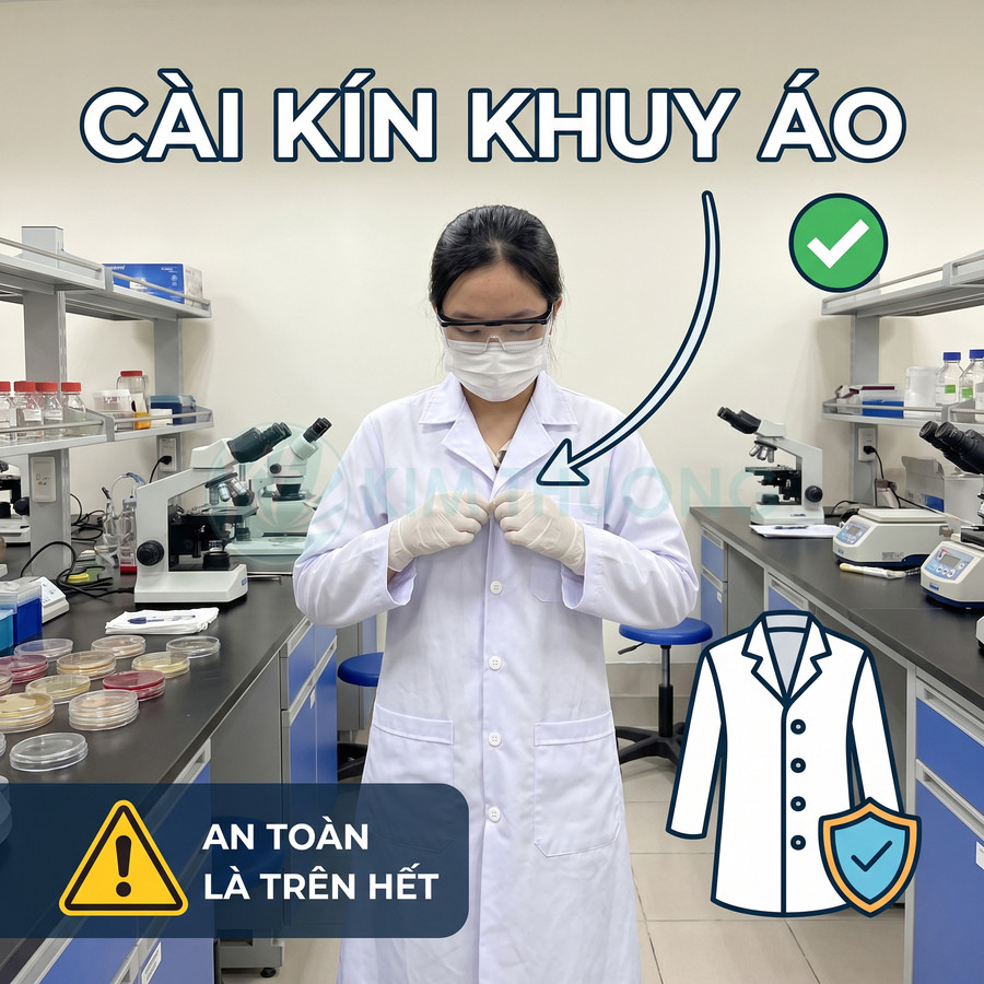 Nhân viên phòng thí nghiệm mặc áo blouse trắng và cài kín khuy áo để đảm bảo an toàn