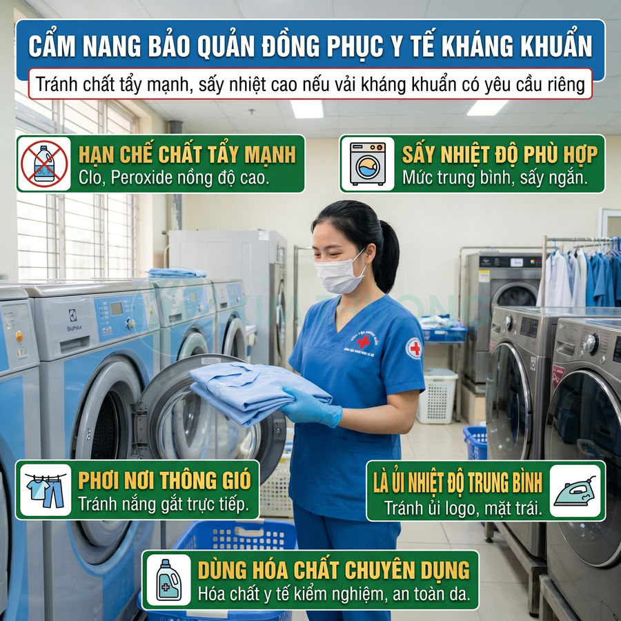 Nhân viên y tế giặt và bảo quản đồng phục y tế kháng khuẩn trong phòng giặt với máy giặt công nghiệp