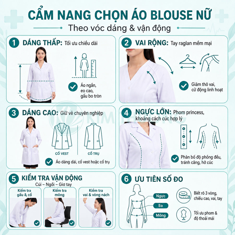 Cẩm nang chọn áo blouse nữ trắng theo dáng người và vận động, hướng dẫn tối ưu phom và kích cỡ
