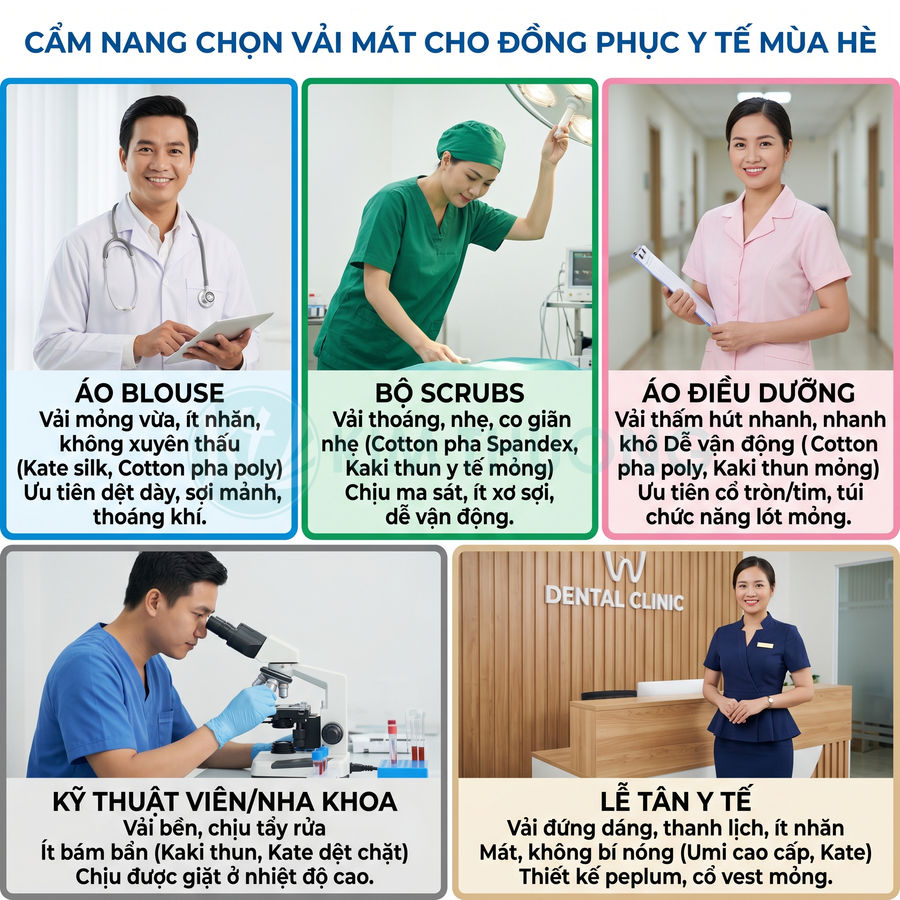 Cẩm nang chọn vải mát cho đồng phục y tế mùa hè với các mẫu blouse, scrubs, áo điều dưỡng, kỹ thuật viên và lễ tân