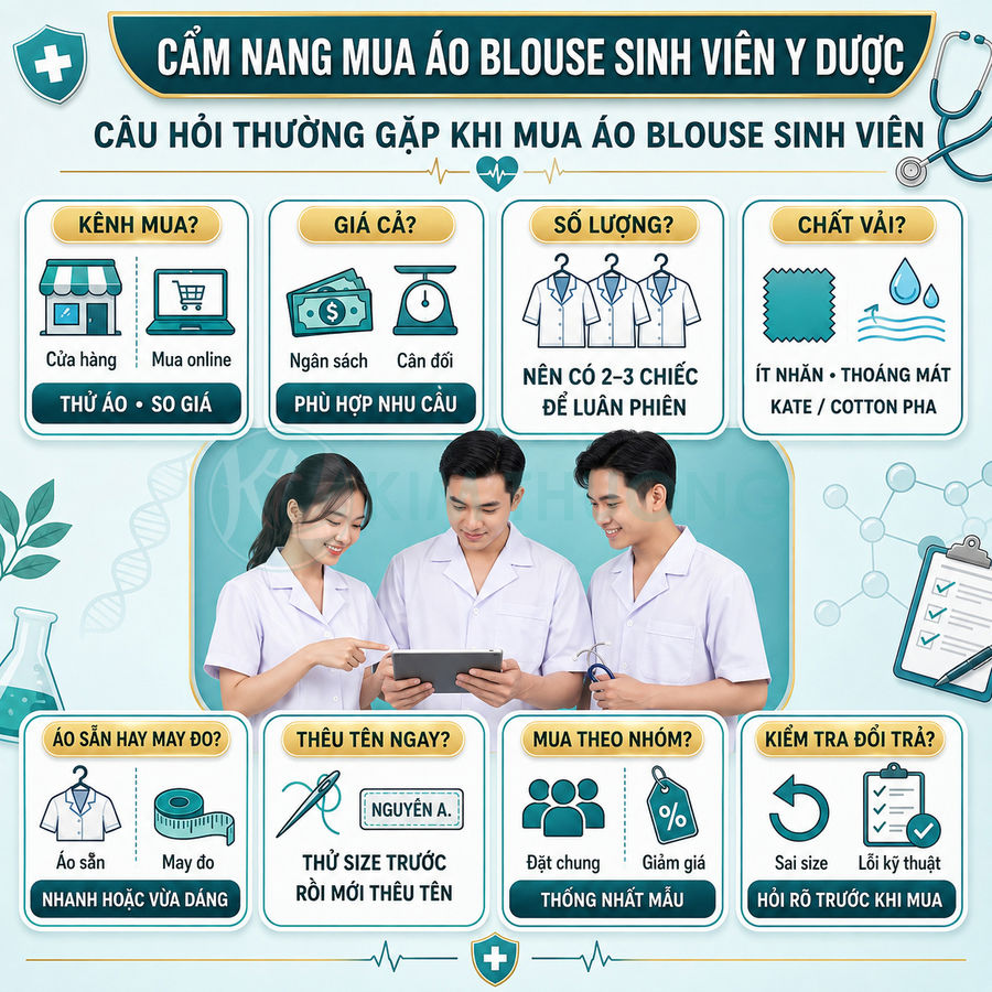 Ba sinh viên y dược mặc áo blouse trắng đứng xem tài liệu, infographic hướng dẫn chọn mua áo blouse sinh viên