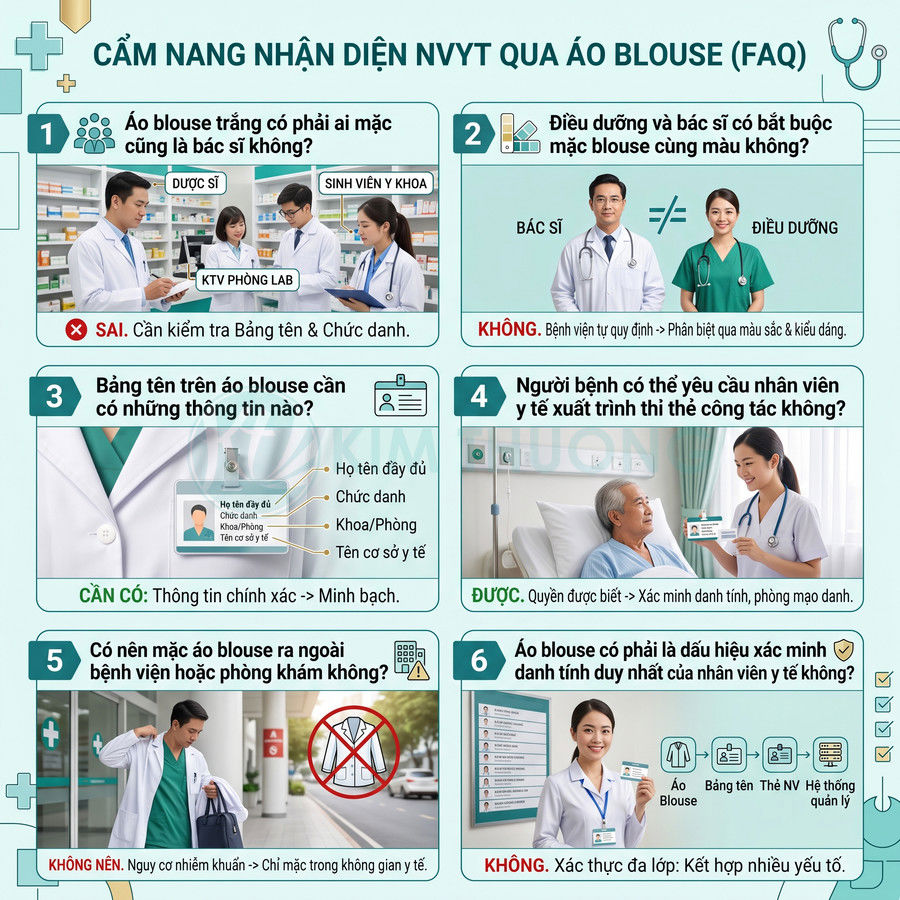 Cẩm nang nhận diện nhân viên y tế qua áo blouse với hình ảnh bác sĩ, điều dưỡng và bảng tên minh họa