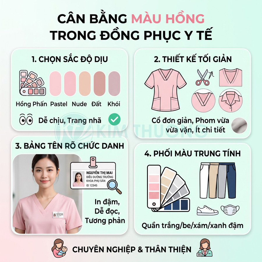 Hướng dẫn thiết kế đồng phục y tế màu hồng pastel với bảng màu, kiểu áo, bảng tên và phối quần trung tính