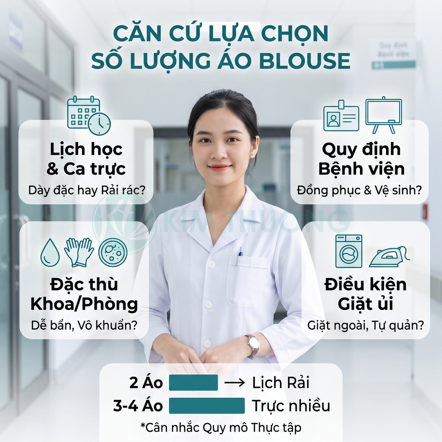 Nữ sinh y khoa mặc áo blouse trắng đứng trong bệnh viện, minh họa hướng dẫn chọn số lượng áo blouse