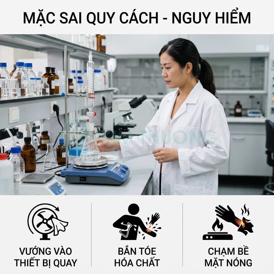 Nhân viên phòng thí nghiệm mặc áo blouse tay rộng thao tác với máy khuấy từ gia nhiệt và bình tam giác trên bàn thí nghiệm