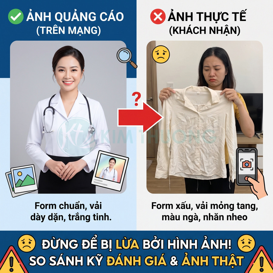Áo sơ mi nữ màu ngà nhăn nhúm, vải mỏng được so sánh với hình quảng cáo áo trắng phẳng phiu trên mạng