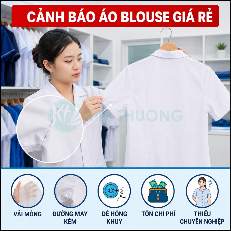 Nhân viên y tế kiểm tra áo blouse trắng giá rẻ với đường may kém và vải mỏng trong cửa hàng đồng phục