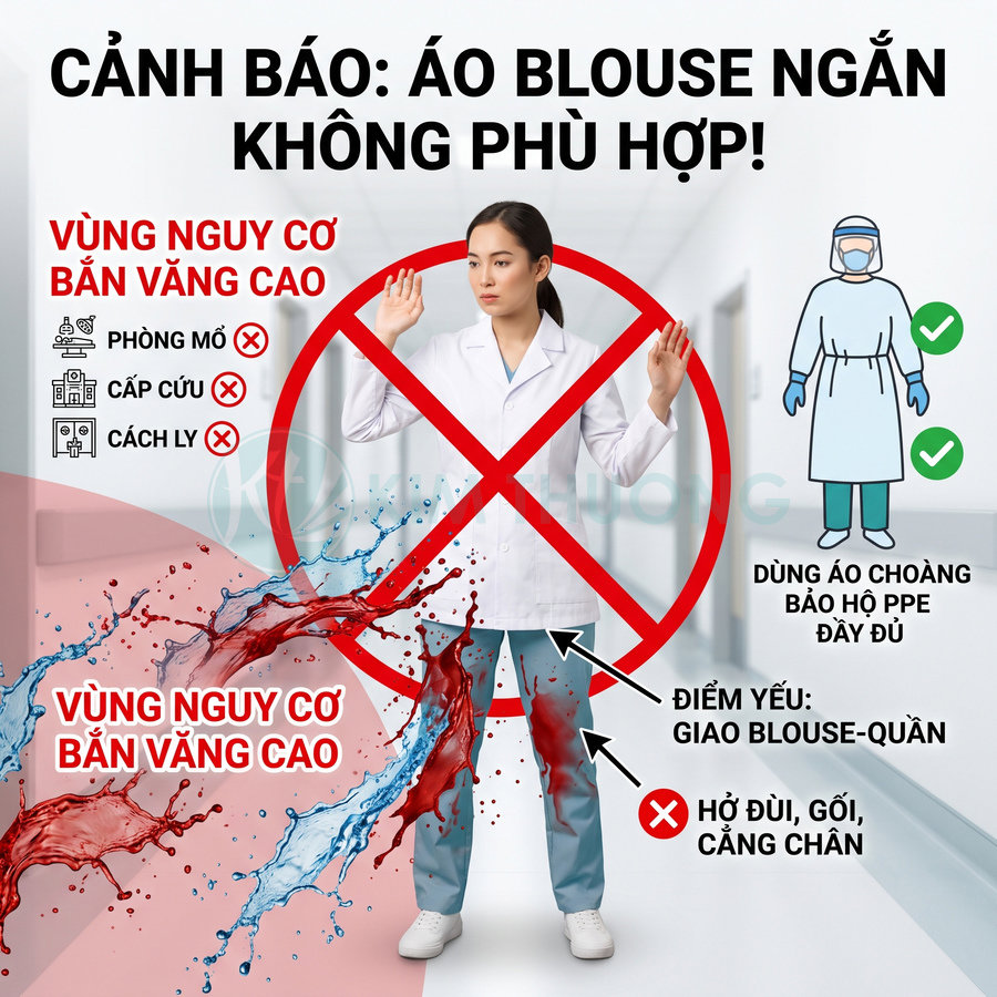 Cảnh báo áo blouse ngắn không phù hợp, khuyến nghị dùng áo choàng bảo hộ PPE kín cho nhân viên y tế