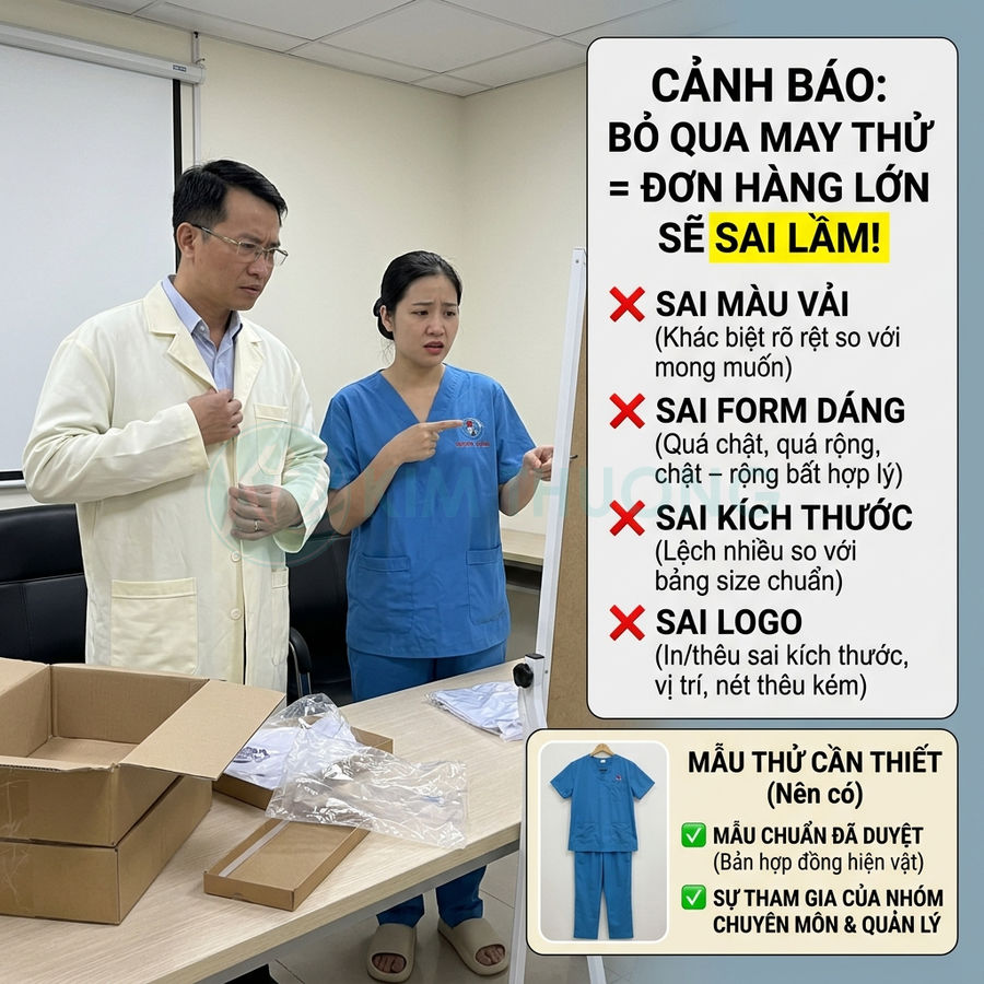 Bác sĩ kiểm tra mẫu thử đồng phục y tế màu xanh và trắng trên bàn cùng bảng cảnh báo lỗi may đo