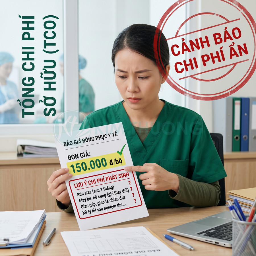 Nhân viên y tế mặc đồng phục xanh cầm bảng báo giá đồng phục y tế 150000 đồng kèm cảnh báo chi phí ẩn