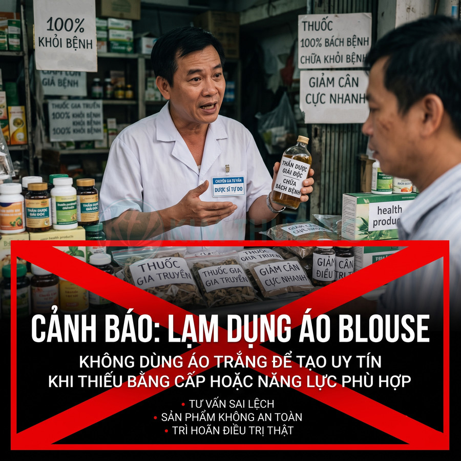 Người bán mặc áo blouse quảng cáo thuốc gia truyền chữa bách bệnh và giảm cân với cảnh báo lạm dụng áo blouse
