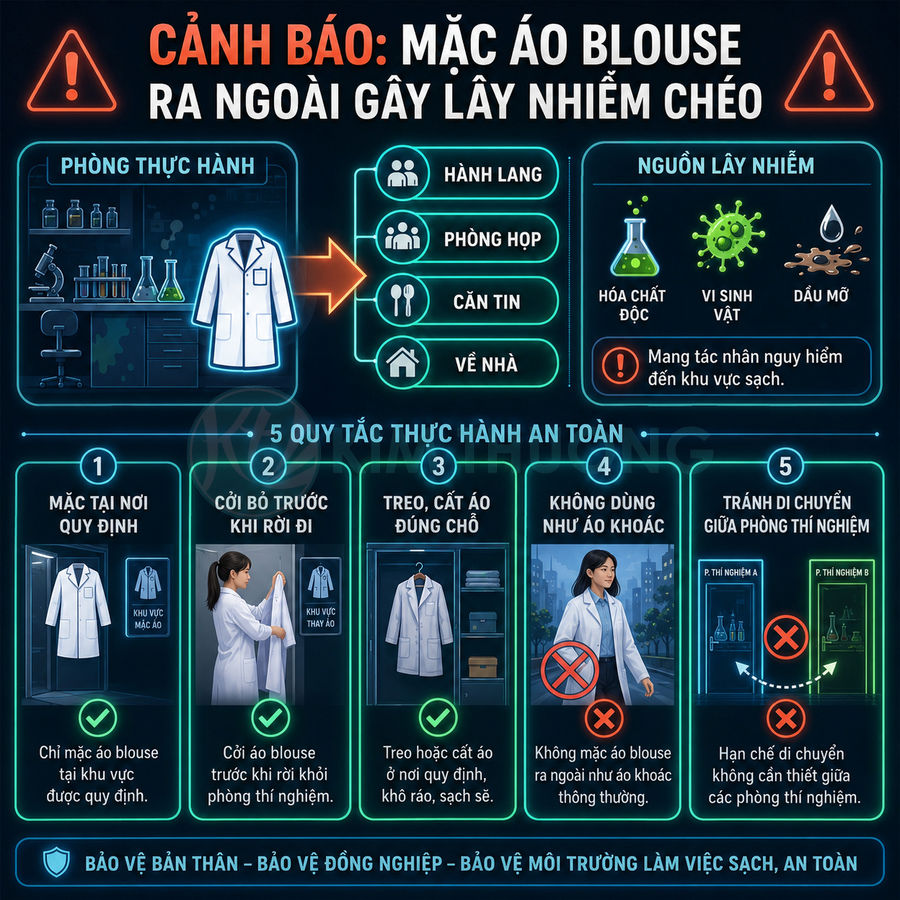 Hướng dẫn an toàn phòng thí nghiệm về nguy cơ lây nhiễm chéo khi mặc áo blouse ra ngoài và cách sử dụng đúng quy định