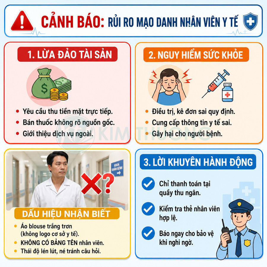 Infographic cảnh báo rủi ro mạo danh nhân viên y tế và hướng dẫn nhận biết, cách phòng tránh lừa đảo trong bệnh viện