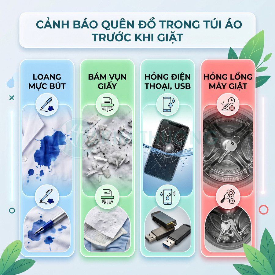 Cảnh báo quên đồ trong túi áo trước khi giặt gây loang mực, bám vụn giấy, hỏng điện thoại USB và hỏng lồng máy giặt