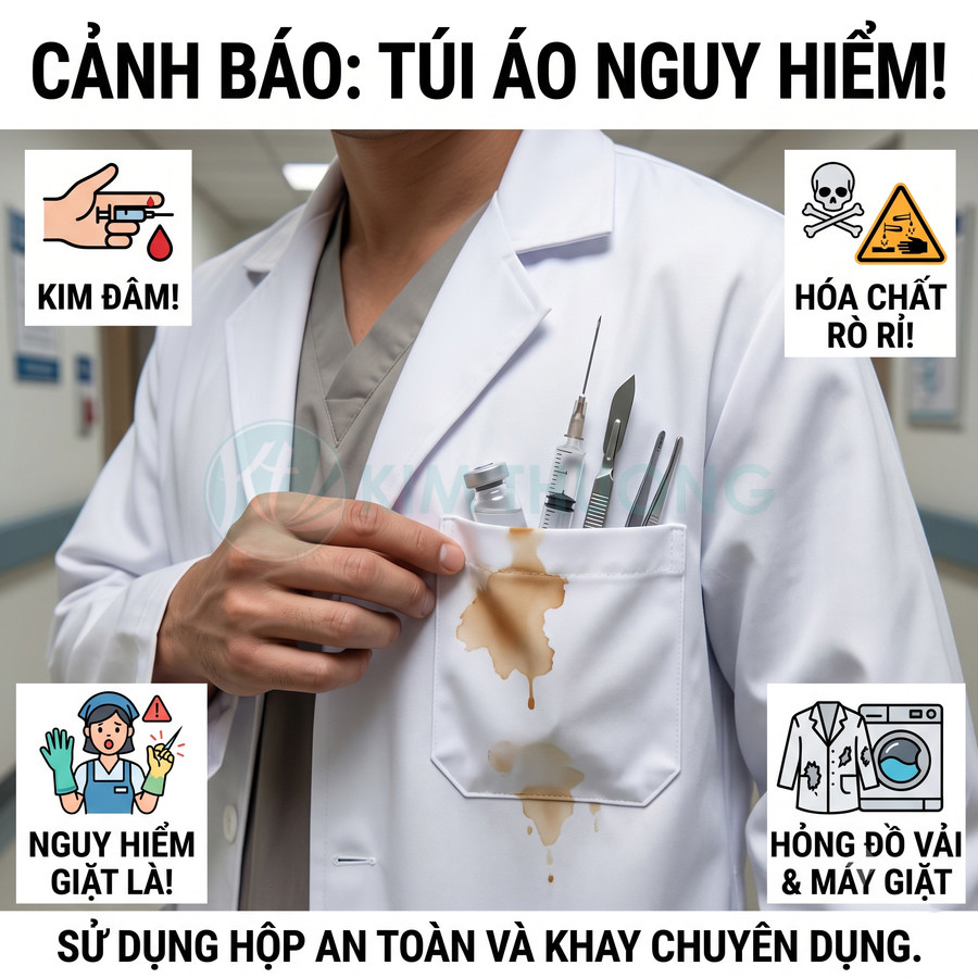 Bác sĩ với túi áo blouse chứa kim tiêm, dao mổ, hóa chất rò rỉ gây bẩn vải kèm cảnh báo an toàn