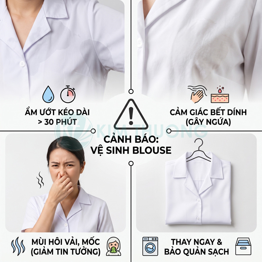 Áo blouse trắng bị ố vàng, ẩm ướt và có mùi hôi kèm hướng dẫn thay giặt và bảo quản sạch