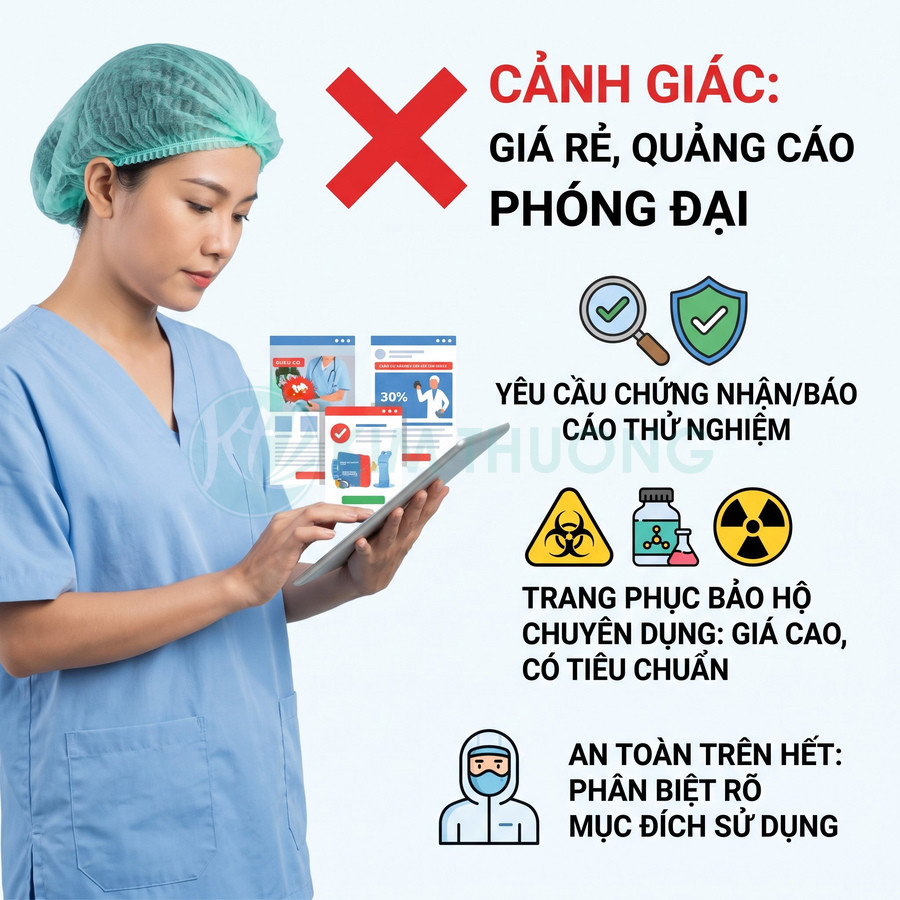 Nhân viên y tế cầm máy tính bảng với cảnh báo chọn trang phục bảo hộ đạt chuẩn an toàn sinh học, tránh quảng cáo giá rẻ phóng đại