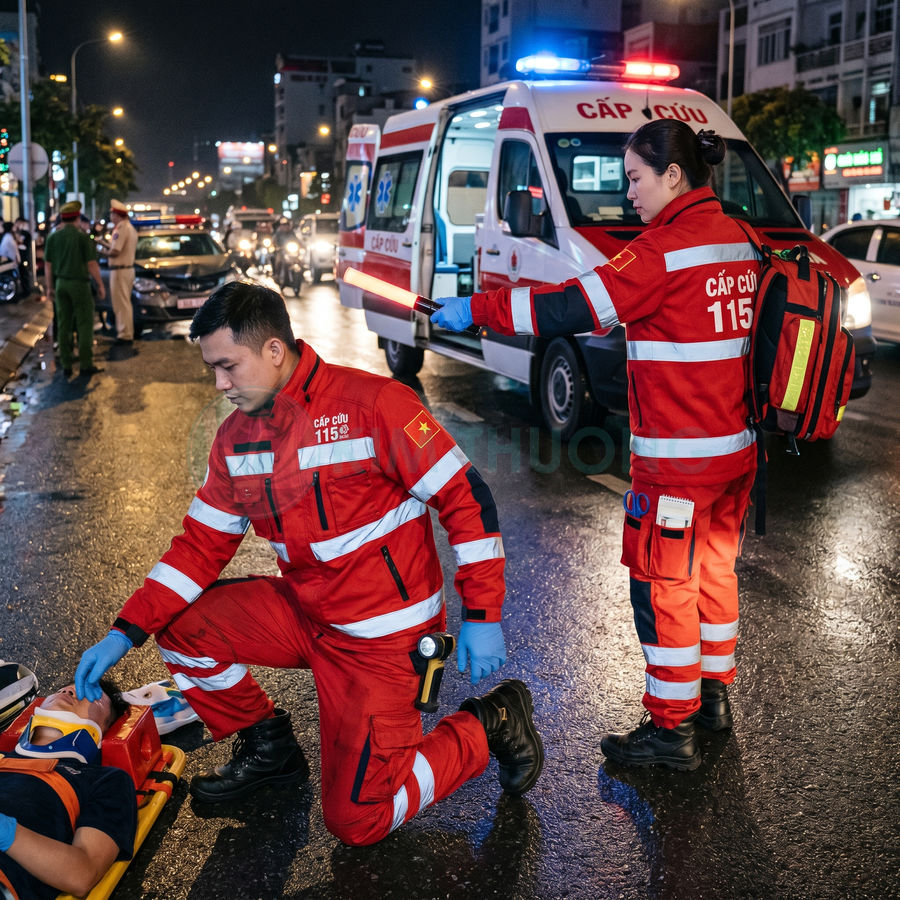 Nhân viên cấp cứu 115 chăm sóc nạn nhân trên cáng trước xe cứu thương trên đường phố ban đêm