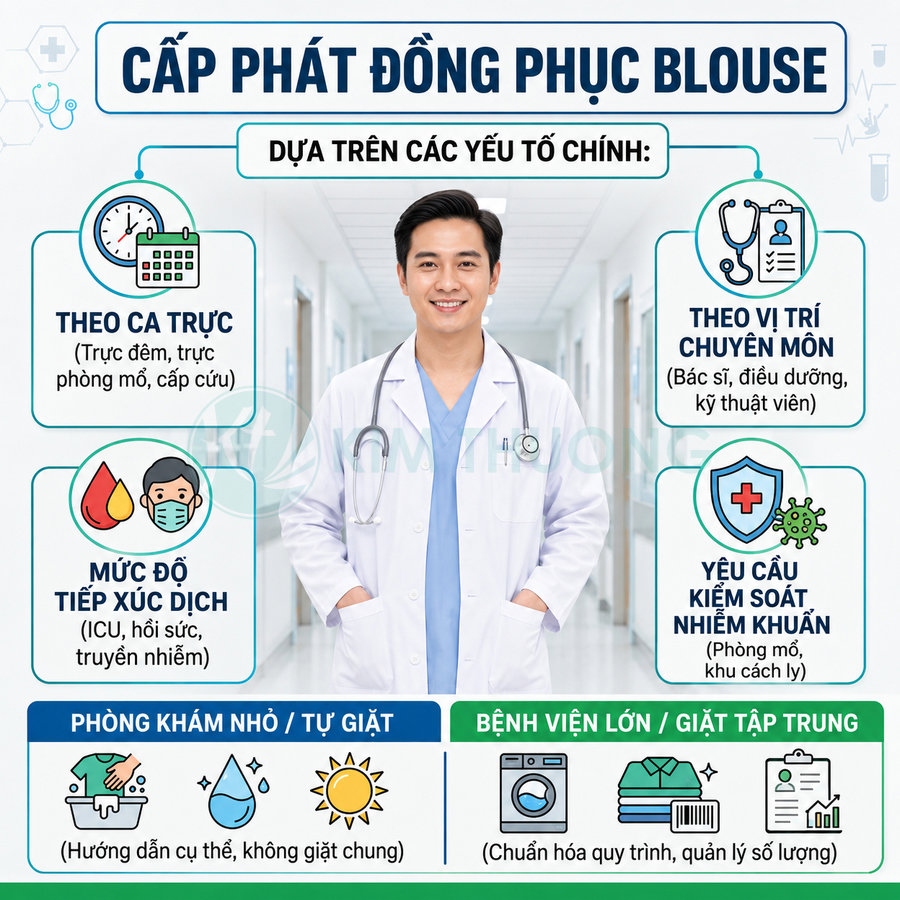 Bác sĩ nam mặc đồng phục blouse trắng và đồ scrubs xanh đứng trong hành lang bệnh viện