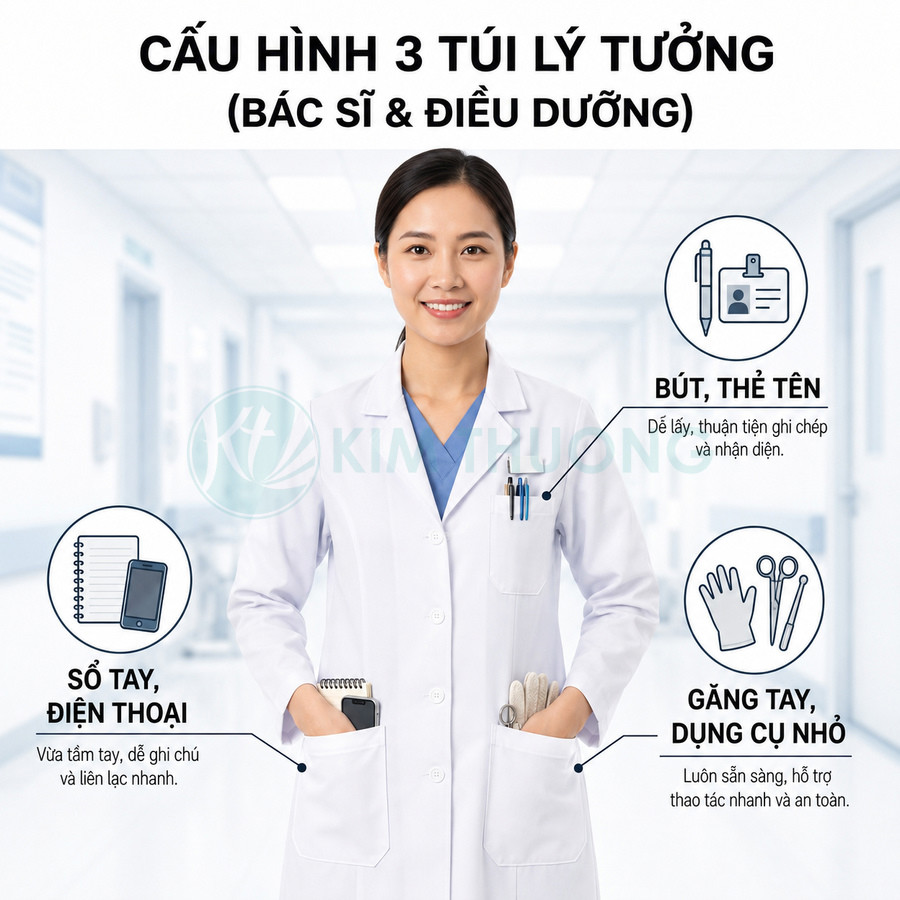 Áo blouse bác sĩ điều dưỡng với ba túi đựng bút thẻ tên, sổ tay điện thoại và găng tay dụng cụ y tế