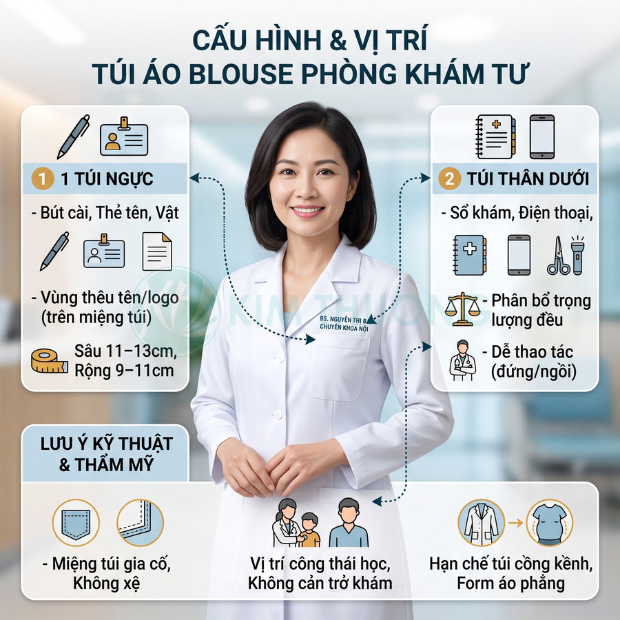 Bác sĩ nữ mặc áo blouse trắng đứng trong phòng khám, minh họa cấu hình và vị trí các túi áo