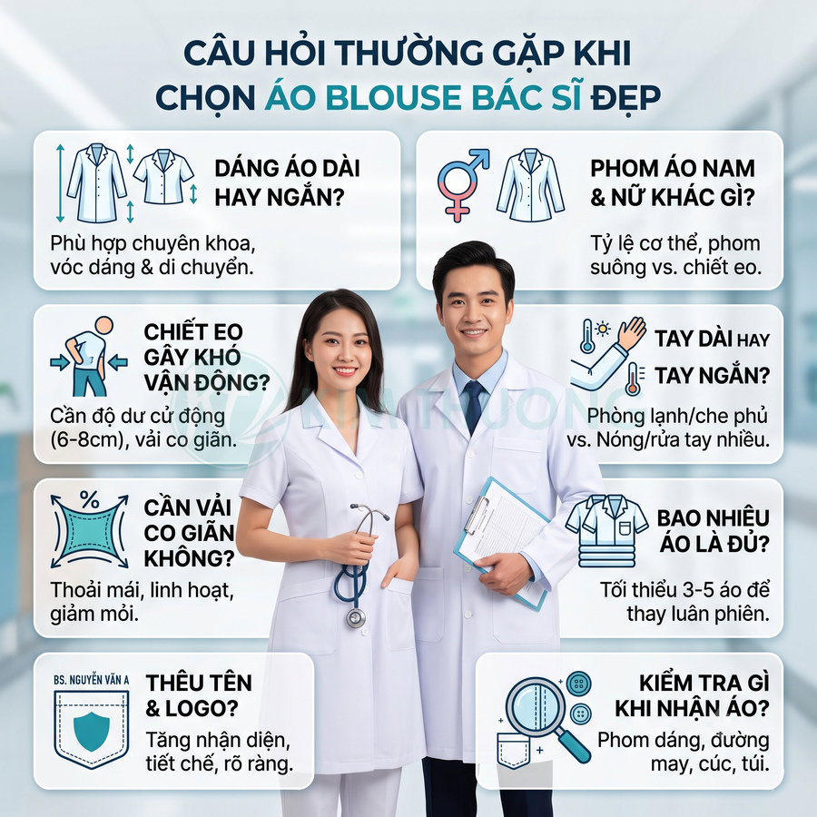 Hai bác sĩ mặc áo blouse trắng đứng trong bệnh viện, giới thiệu các tiêu chí chọn áo blouse đẹp