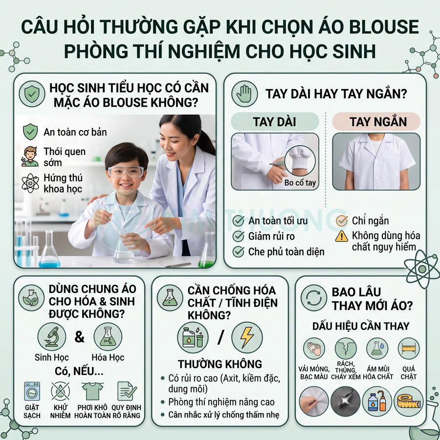 Infographic hướng dẫn chọn áo blouse phòng thí nghiệm cho học sinh, gồm kiểu tay áo, cách sử dụng và dấu hiệu cần thay mới.