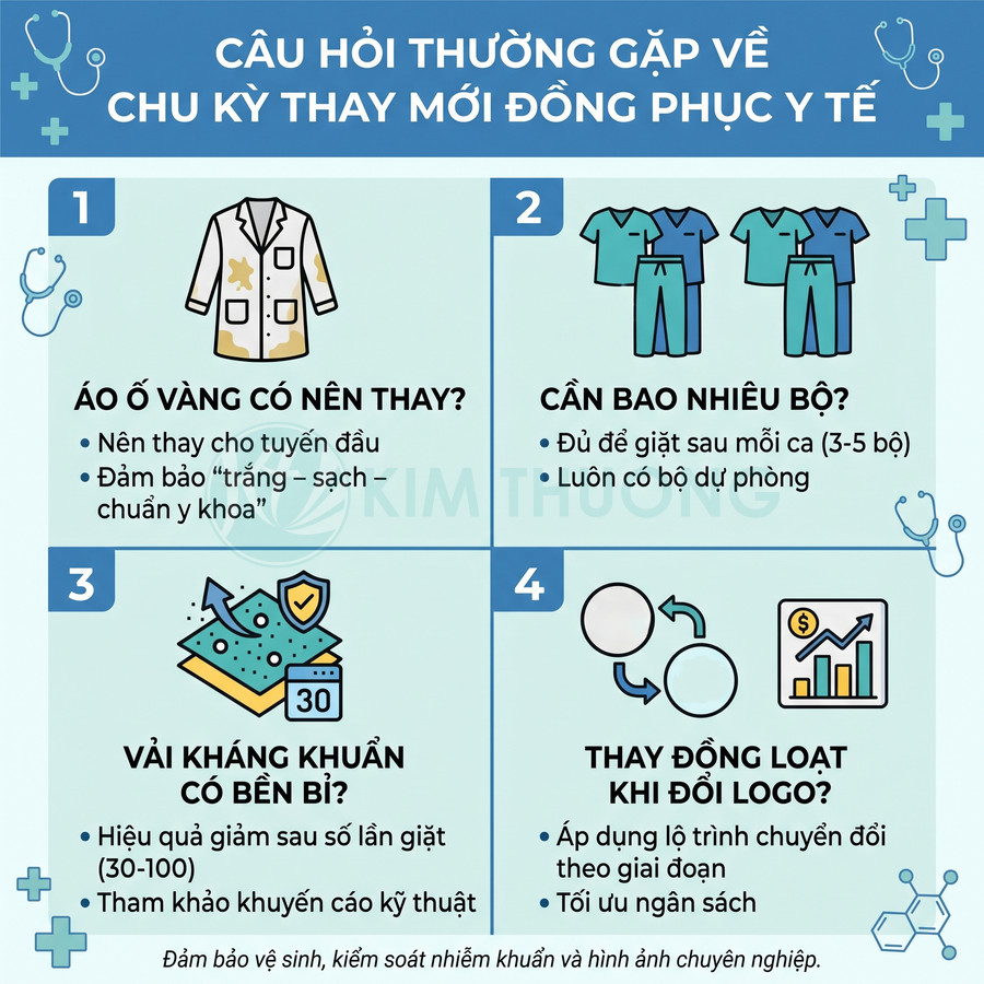 Infographic câu hỏi thường gặp về chu kỳ thay mới đồng phục y tế, số lượng bộ, vải kháng khuẩn và đổi logo