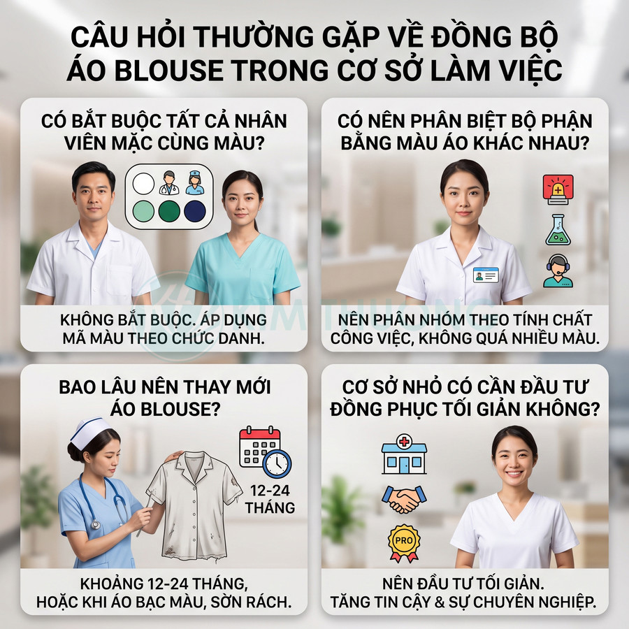 Nhân viên y tế mặc áo blouse và đồng phục y khoa nhiều màu với hướng dẫn thay mới và đồng bộ trong cơ sở làm việc