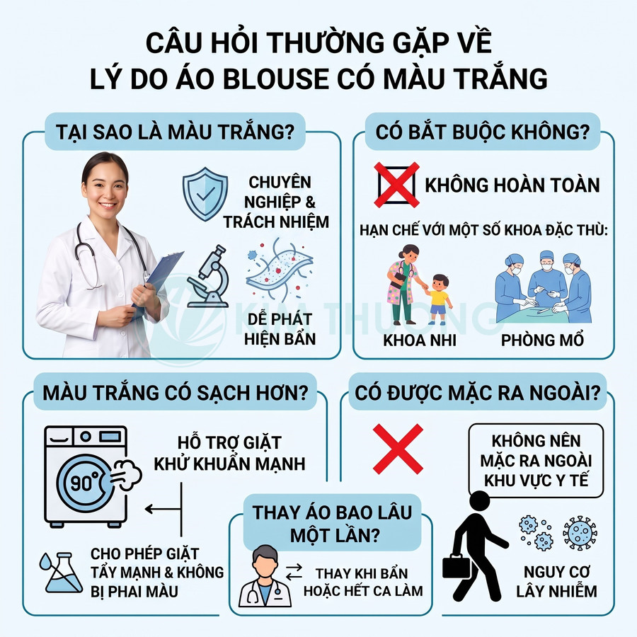 Bác sĩ mặc áo blouse trắng cầm hồ sơ, infographic giải thích lý do áo blouse y tế có màu trắng