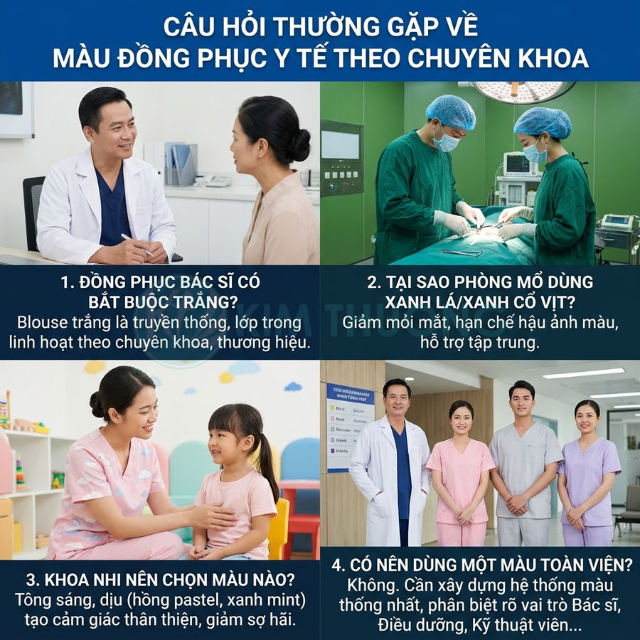 Các loại đồng phục y tế theo chuyên khoa với bác sĩ áo blouse trắng, phẫu thuật xanh lá, điều dưỡng và nhân viên mặc scrubs màu sắc khác