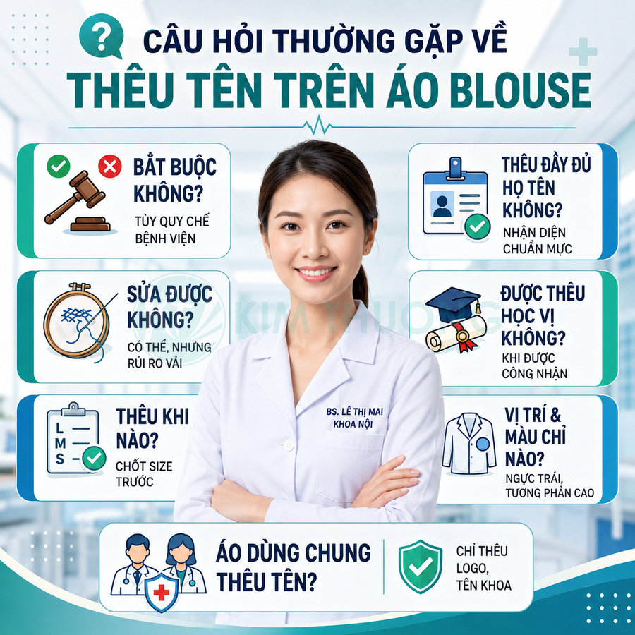 Bác sĩ nữ mặc áo blouse trắng thêu tên và khoa nội, minh họa hướng dẫn thêu tên trên áo blouse