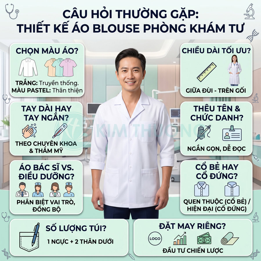 Áo blouse bác sĩ tay lửng màu trắng thiết kế đơn giản với nhiều túi cho phòng khám tư nhân