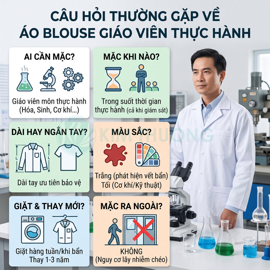Giáo viên thực hành mặc áo blouse trắng dài tay trong phòng thí nghiệm với kính hiển vi và dụng cụ hóa học