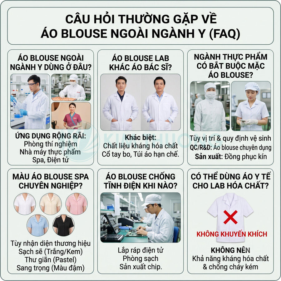 Các loại áo blouse phòng thí nghiệm, spa, nhà máy thực phẩm và điện tử cùng hướng dẫn chọn đúng mục đích sử dụng