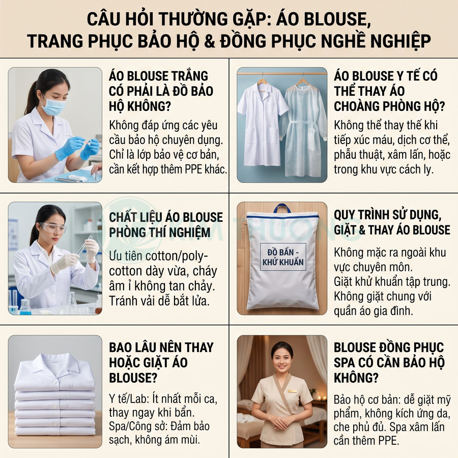 Infographic giải đáp thắc mắc về áo blouse, trang phục bảo hộ và đồng phục spa cho nhân viên y tế