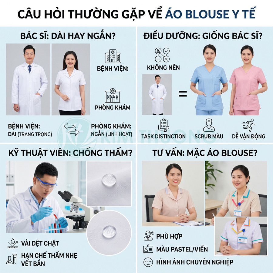 Các mẫu áo blouse y tế cho bác sĩ, điều dưỡng, kỹ thuật viên với thiết kế dài ngắn và màu sắc khác nhau