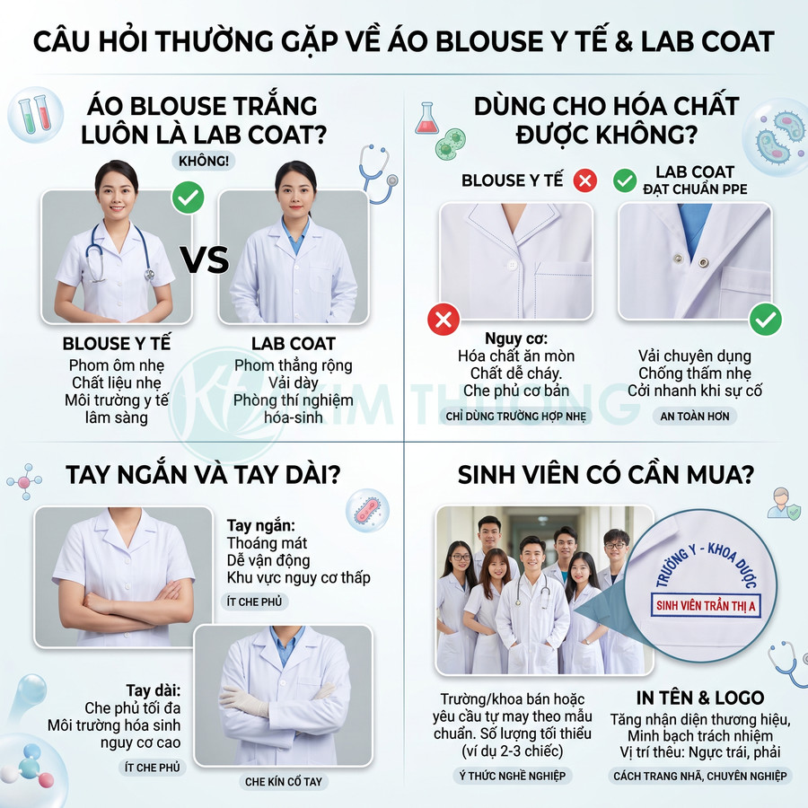 Infographic so sánh áo blouse y tế và lab coat, tay ngắn tay dài và hướng dẫn chọn áo cho sinh viên y dược