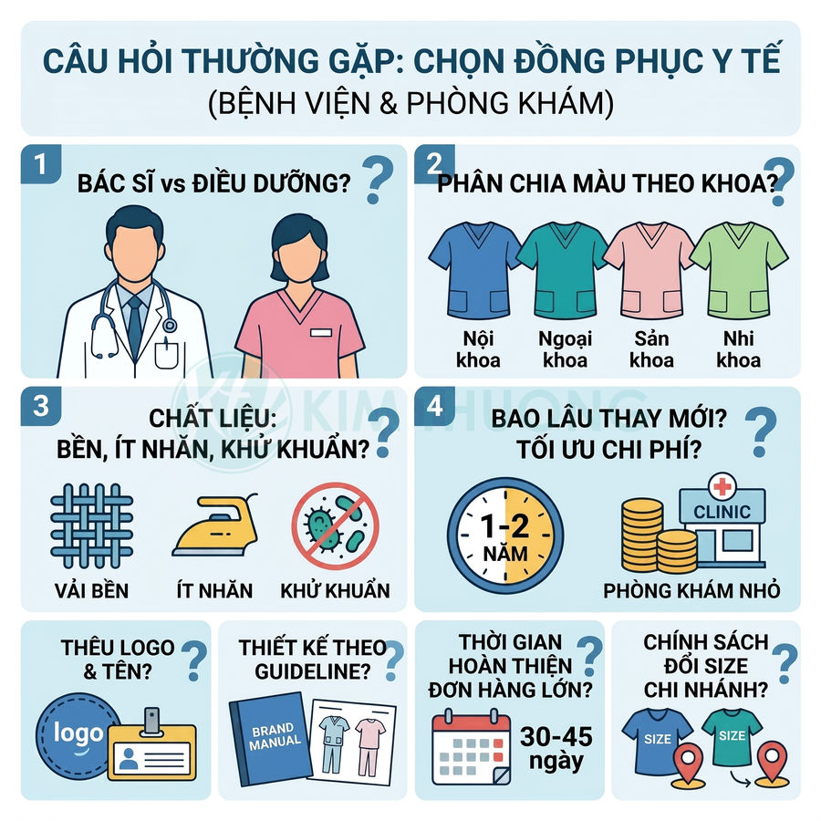 Infographic câu hỏi thường gặp khi chọn đồng phục y tế cho bệnh viện và phòng khám