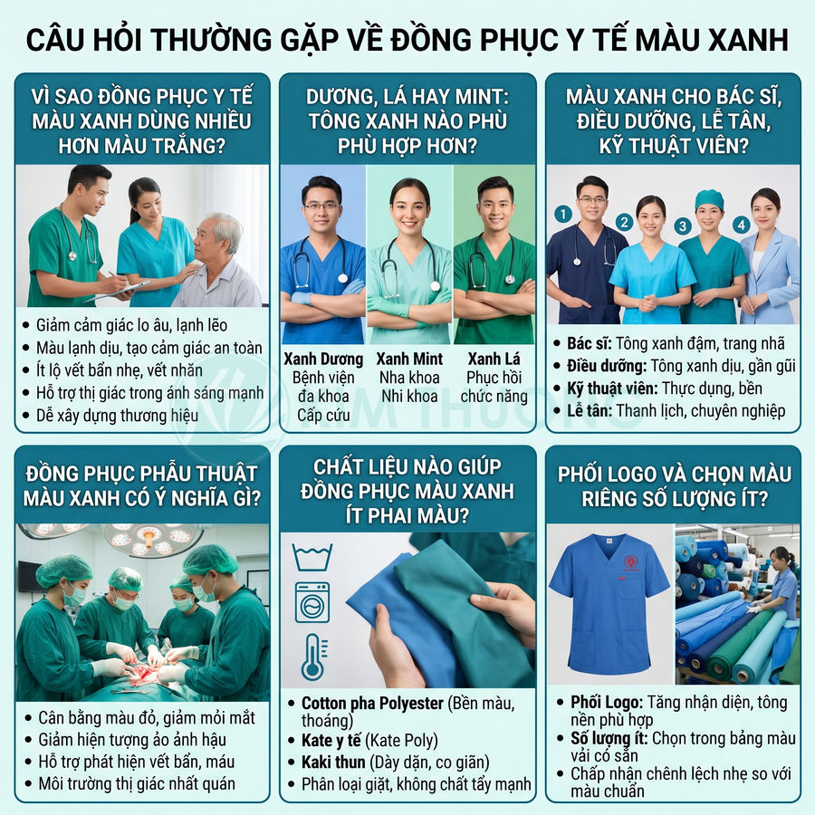 Infographic giải đáp câu hỏi về đồng phục y tế màu xanh cho bác sĩ, điều dưỡng, phẫu thuật và chất liệu vải phù hợp